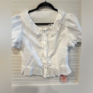 White lace button up shirt.